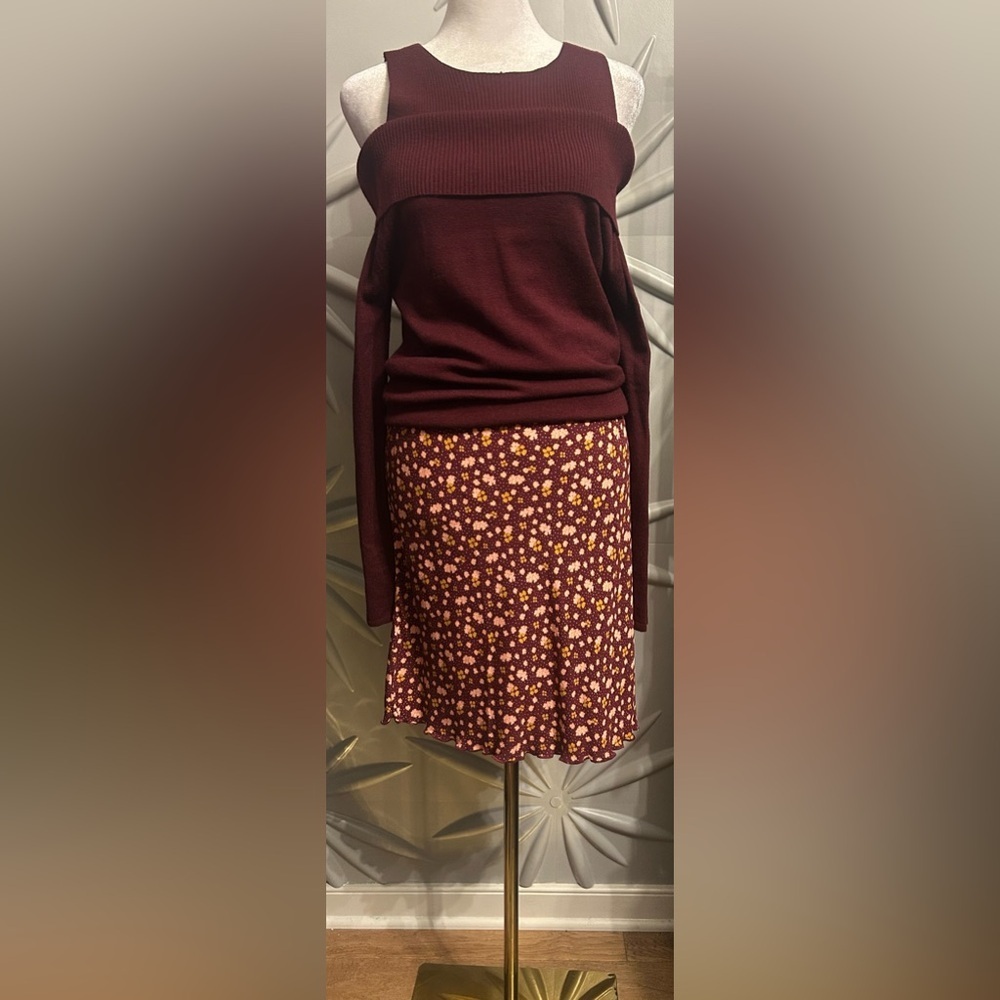 NWT Free People SZ 10 burgundy/pink/gold side zip skirt w/scalloped edge hemline